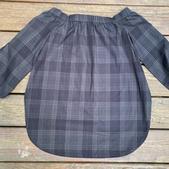 Tibi Blue Black Cotton Off The Shoulder Plaid Tie Sleeves Tunic 2 - Picture 12 of 15